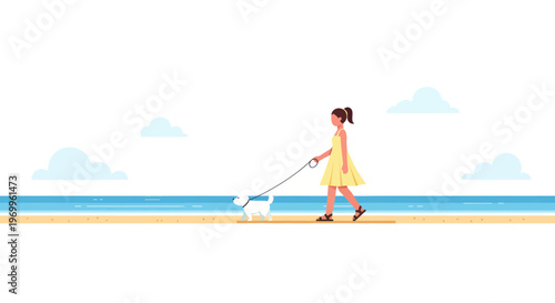 Woman walking dog on beach, vector illustration, pet friendly, outdoor leisure, sunny day