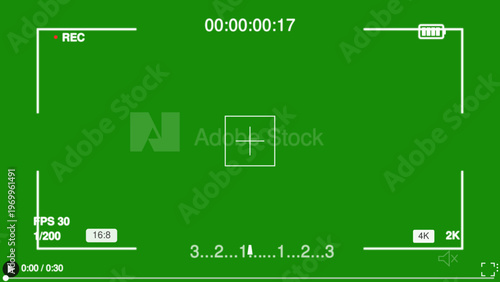 Camera viewfinder overlay on green screen background, digital video recording interface with rec icon and timecode, professional cinematography frame for post-production and vfx