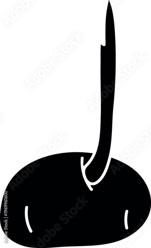 Potato tuber silhouette with sprout (Solanum tuberosum). Black vector icon of sprouting potato for biology, agriculture and life cycle study. Isolated on white