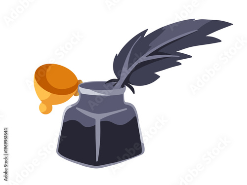 Quill inkwell illustration. Feather pen in ink bottle, vintage writing element. Hand drawn cartoon retro art for packaging, branding, print, stationery, literature, stickers