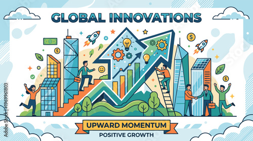 Global innovations and upward momentum business growth vector with skyscrapers and people
