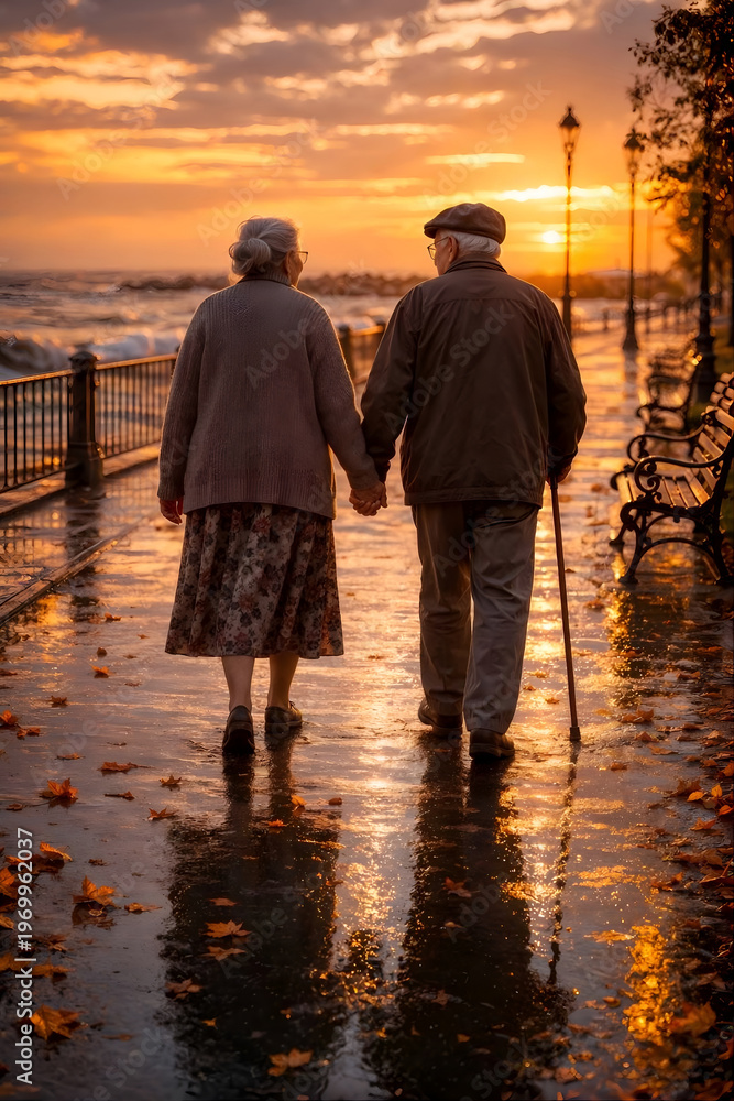 Fototapeta premium Elderly Couple Walking Hand in Hand at Sunset – Eternal Love and Togetherness