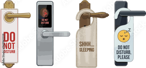 Create a realistic kinds of deferent Do not disturb sign on hotel door handle vector art with white background.