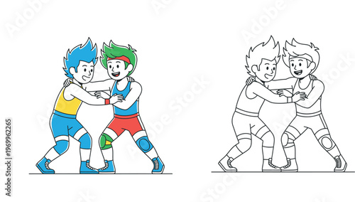 Two Young Boys Wrestling Cartoon Illustration with Colored and Line Art Versions for Kids Coloring Book, Martial Arts Sports Vector, Youth Wrestling Athletes Training Set