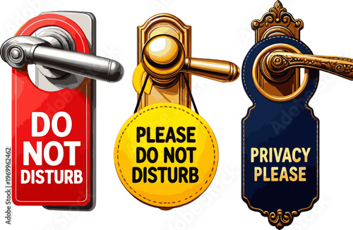 Create a realistic kinds of deferent Do not disturb sign on hotel door handle vector art with white background.