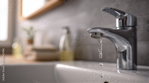 Leaking water tap in modern bathroom sink. Dripping faucet causing water waste and plumbing issue. Home maintenance problem requiring repair by professional plumber or handyman service.