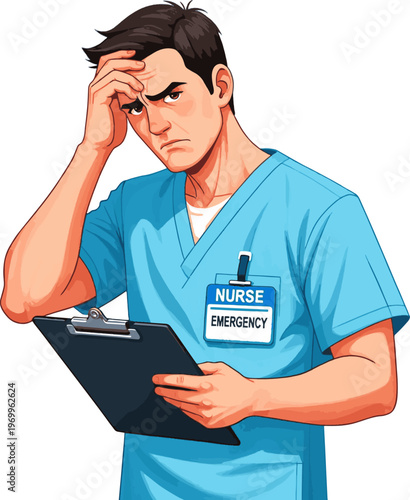 Create a realistic kinds of deferent male nurse who is troubled vector art with white background..