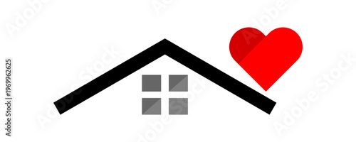 Black house top roof with red heart love icon flat vector design