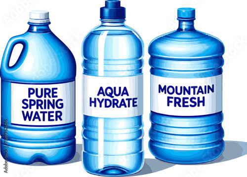 Create a realistic kinds of deferent Large bottle of pure water vector art with white background..