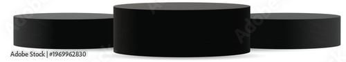 Minimal black podium display stages on white background for product showcase