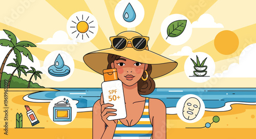 Summer, beach, woman, sunscreen, sun protection, tropical, illustration, SPF 50