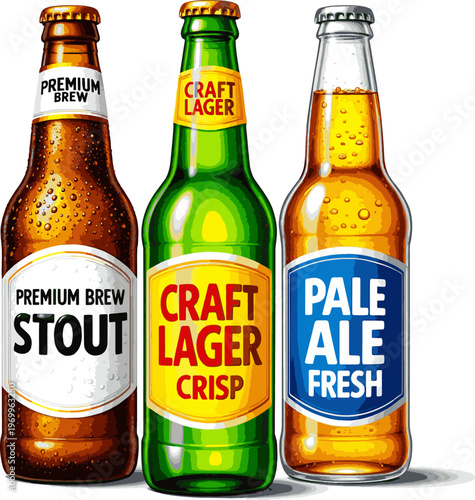 Create a realistic Three beer bottles vector art with white background..