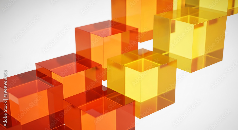 Obraz premium Multiple orange and yellow translucent cubes arranged in a geometric pattern, representative of layers, structure, and abstract artistic concept