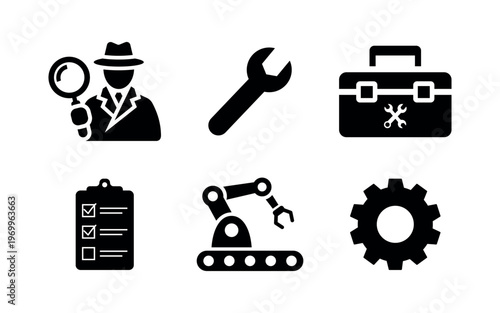 Industrial Quality Control and Maintenance Silhouette Icon Set - Vector Engineering Tools