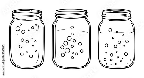 Sourdough starter jar set with active bubbly mixture featuring fermentation, baking, leavening with black line art and white background
