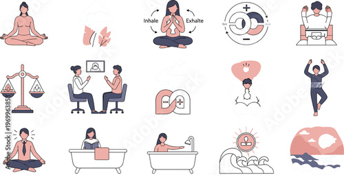 Mental Health and Mindfulness Icon Set Featuring Meditation, Therapy, Stress Relief, Emotional Balance, Self Care Activities, and Wellness Lifestyle Illustrations