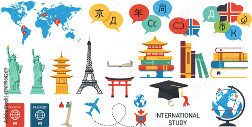 International Study and Language Learning Icon Set Featuring World Landmarks, Multilingual Symbols, Graduation Cap, Travel Elements, and Global Education Concepts