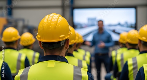 Rear view of industrial workers in safety gear and hard hats intently focused on a large screen during a professional development session