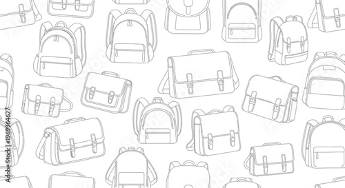 Seamless Pattern of Backpacks and Satchels - Outline Drawings on White Background