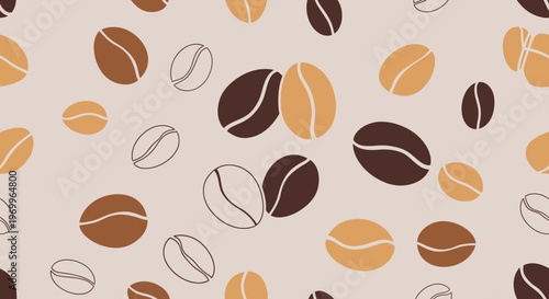 Seamless Pattern of Coffee Beans, Hand-Drawn Style, Warm Tones, Background for Cafe and Food