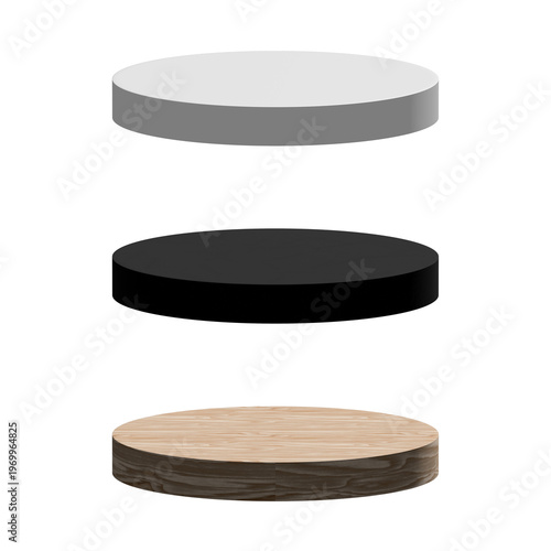 Round Podium Display Platform Set.White, Black and Wood Pedestal Stand Mockup for Product Presentation