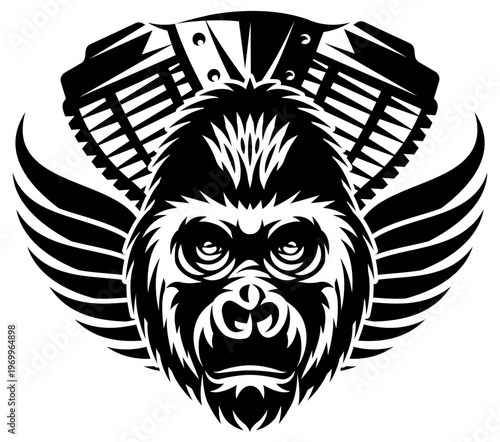A striking black and white vector illustration of a gorilla head with powerful engine cylinders and spread wings, symbolizing strength and freedom.