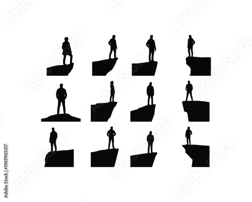 Silhouettes of men standing on cliff edges and rocky outcrops in various contemplative and observational poses