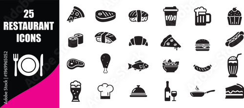 Collection of twenty five black silhouette icons depicting various restaurant foods and items