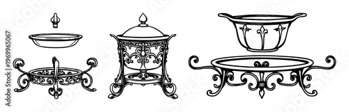 Trivet set with intricate scrollwork and decorative patterns featuring cast iron, vintage design, ornate with black lines and white background