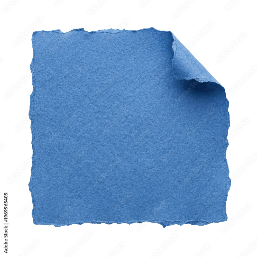Obraz premium Blue ripped paper with curled top corner isolated. Stationery note mockup.