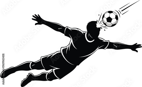 Dynamic silhouette of a soccer player heading a ball forcefully in midair with dramatic motion lines