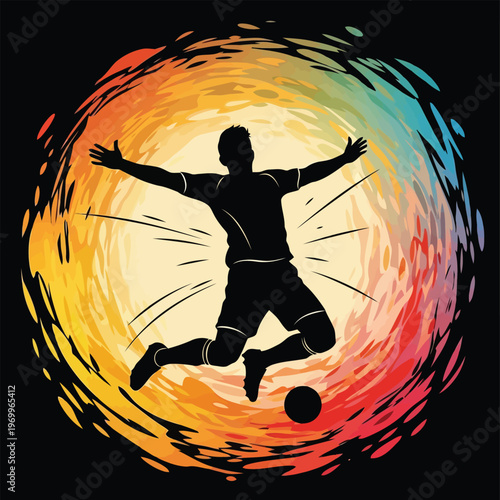 Dynamic silhouette of a jubilant soccer player midair with arms outstretched against a vibrant colorful swirl background