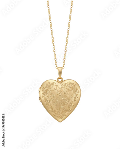 Foto Gold heart locket necklace with floral engraving isolated