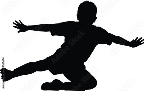 Dynamic silhouette of a young boy in midair demonstrating a martial arts kick and defensive pose