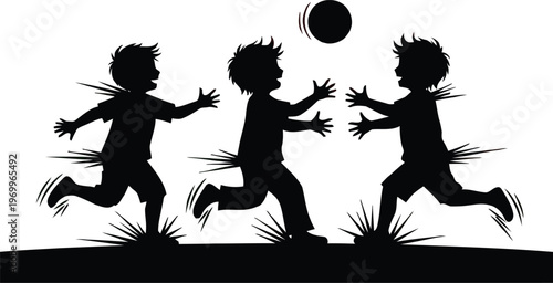 Playful silhouetted children chasing a ball across a grassy field with energetic motion lines