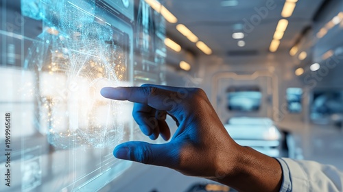 Hand of a person interacting with digital hologram in a laboratory