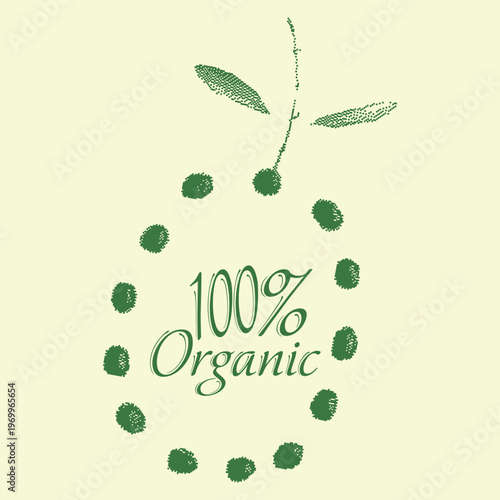 100% Organic Label Design with Olive Fruit Silhouette in Stipple Art; Minimalist Dotted Vector Illustration for Extra Virgin Olive Oil Branding, Eco-Friendly Product Emblem on Light Background.
