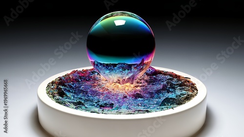 Iridescent glass sphere on a crystalline base with no people