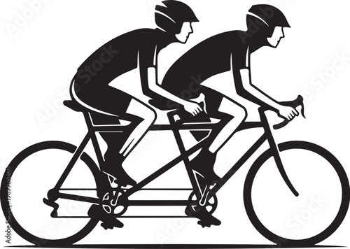 Tandem bicycle riders, cycling duo, bike team, athletic vector illustration, black and white