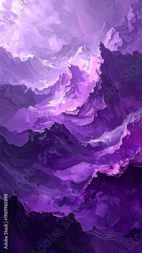 Abstract painting, purple layered textures resemble clouds and mountains, conveying depth and movement