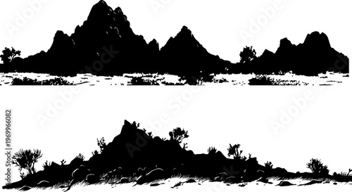 Black silhouette of a rocky mountain range with sparse vegetation under a white sky.