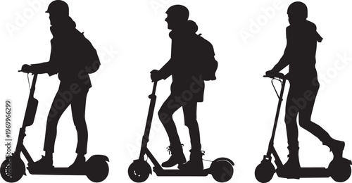 Silhouettes of people riding electric scooters on a white background