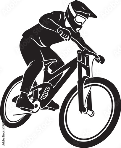 Black, monochrome bicycle rider, mountain bike illustration, cyclist in motion, sports vector graphic