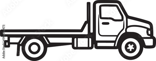 Flatbed Tow Truck Vector Icon, Black Line Art, Transportation Illustration, Flat Design
