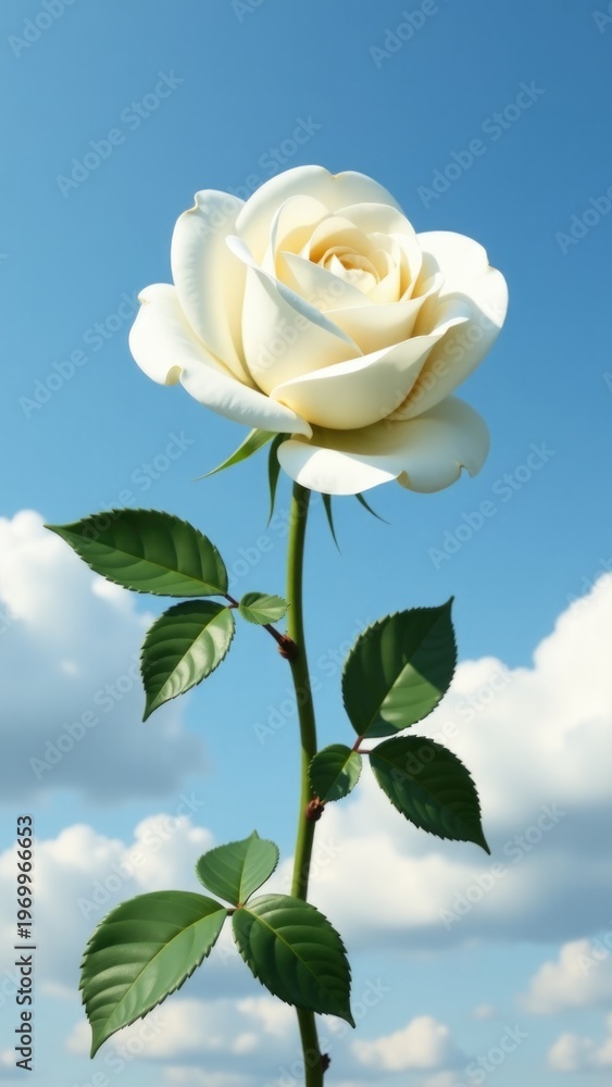 Fototapeta premium A beautiful white rose sits among green leaves against a clear blue sky