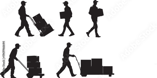 Delivery man pushing a hand truck loaded with boxes