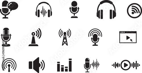 Collection of black silhouette icons representing audio podcasting and broadcasting equipment