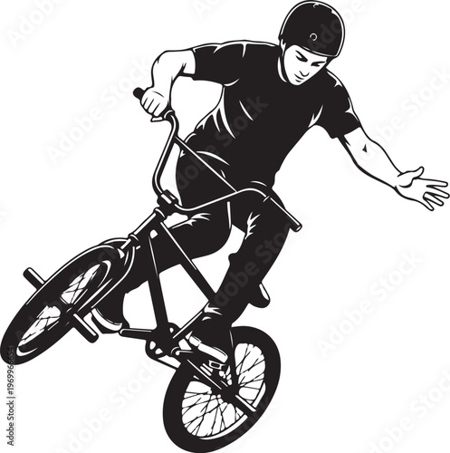 Black and white BMX rider, bicycle trick, extreme sports vector, action illustration