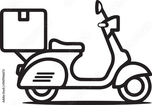 Delivery scooter icon, food delivery bike, courier vehicle, black line art