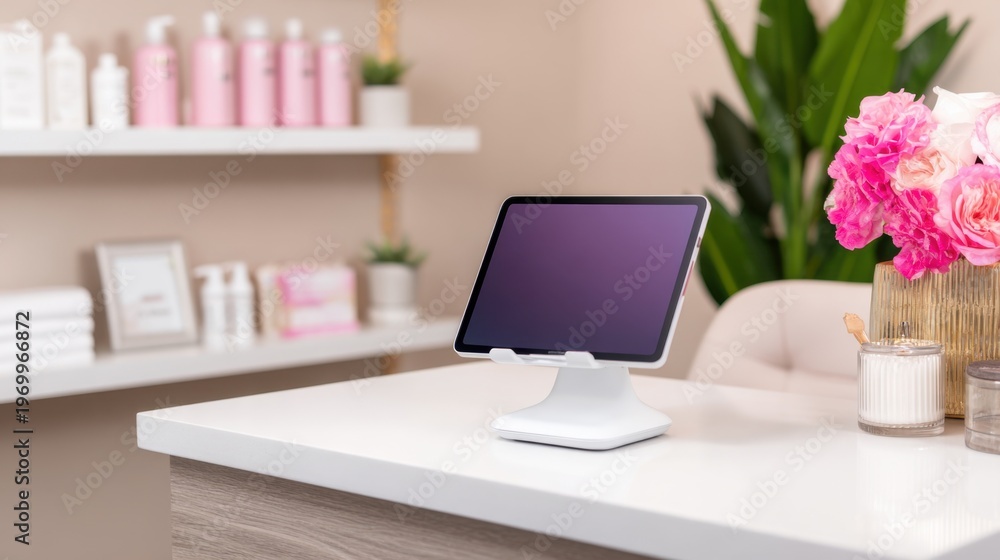 Fototapeta premium A modern reception area featuring an iPad on a sleek stand, with floral decor and products displayed